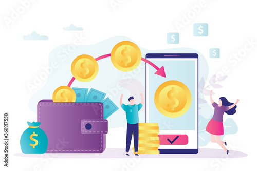 Online money transfer. Money transaction to an electronic wallet or bank card. Modern financial technology.