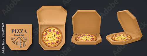 Realistic box with pizza. 3D cardboard open and closed food containers, empty and with pizza. Vector package mockup design for brand design identity restaurant delivery