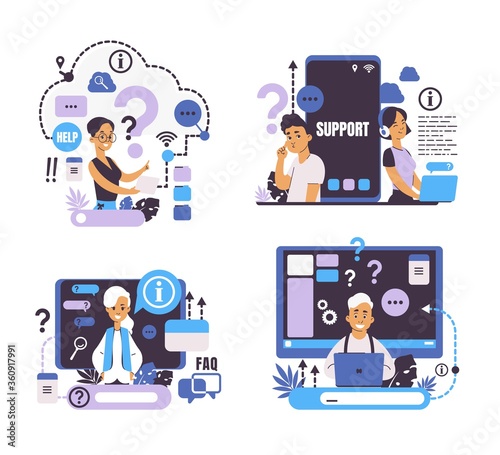 Question concept. Call center and customer support, online help and web forum, frequently asked questions. Vector image searching information set for questions service