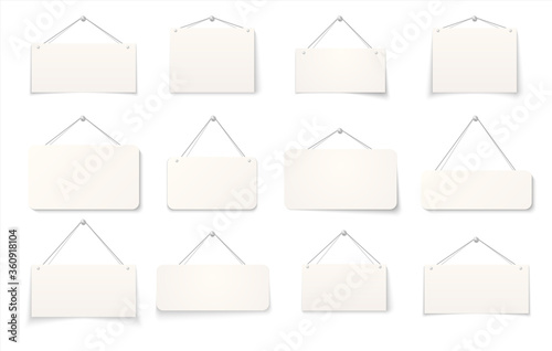 Hanging sign. Realistic blank paper signboards isolated on white background, 3D empty hanging cardboard signs on the wall. Vector set signboard for service work or shops