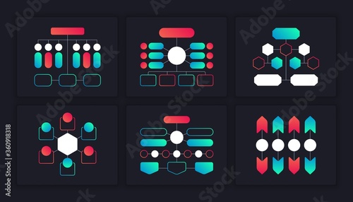 Flow charts infographic. Hierarchy organization block schemes with branches and structure. Vector graphic elements mapping diagram tree design template