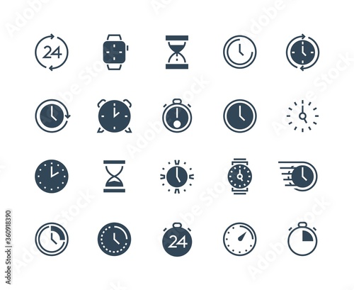 Clock black icons. Time and calendar infographic symbols with stopwatch alarm wristwatch and hourglass. Vector simple isolated sign time management set