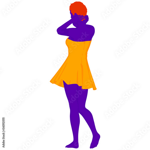 Beautiful a fashion girl in short dress. Purple silhouette of young woman. Vector illustration.