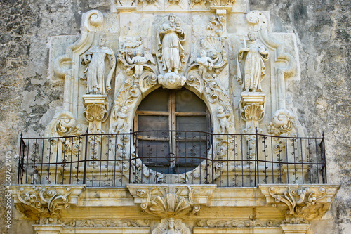 Baroque architectural details on the facade of Mission San Jose y San Miguel de Aguayo (Mission San Jose), San Antonio, Texas photo