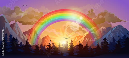 Rainbow in the sunset forest. Vector illustration.