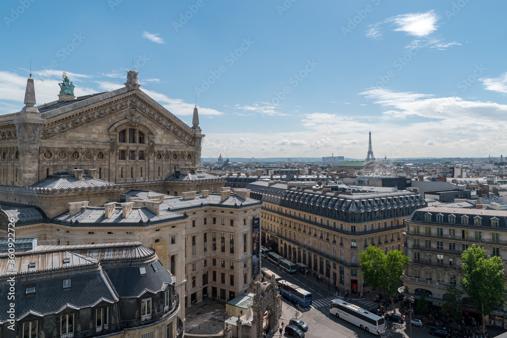 Über den Dächern von Paris mit Blick auf die Oper Garnier und den Eifelturm im Hintergrund.