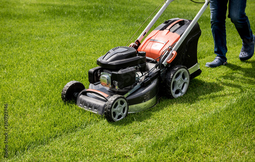 Gardener mowing the lawn. Landscape design. Green grass background