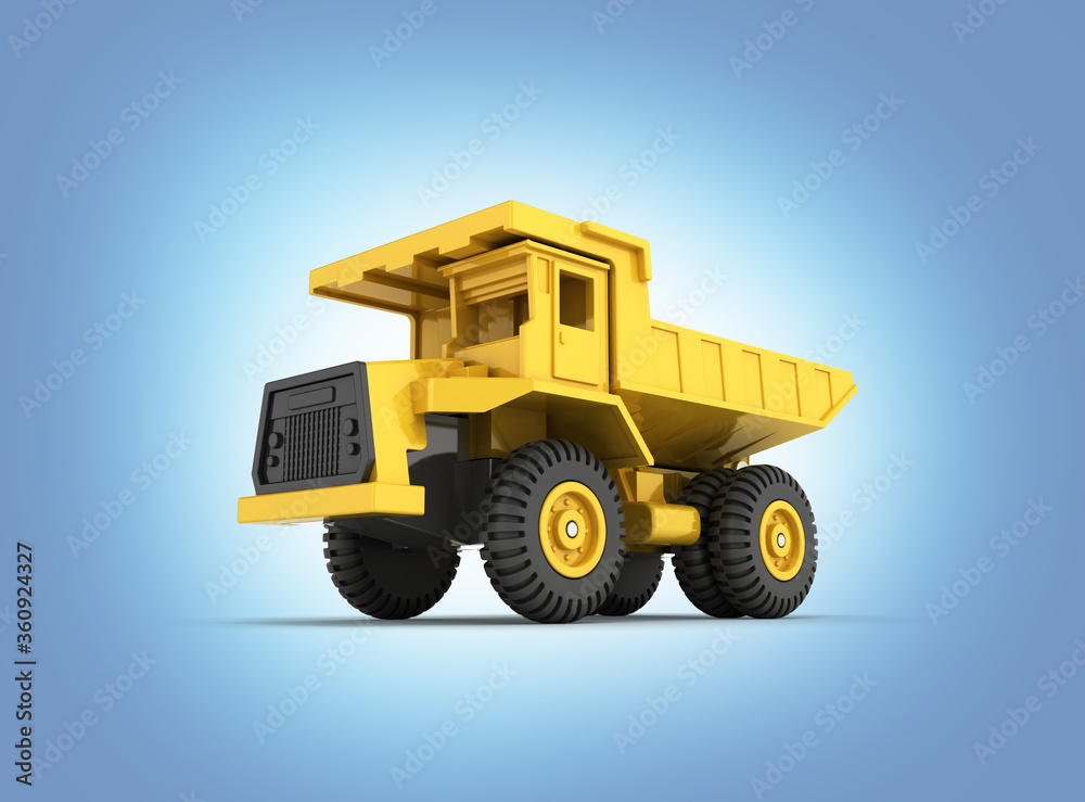 Yellow toy dump truck isolated on blue grdient gradient background 3d render