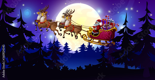 Santa Claus carries gifts in a sleigh pulled by deer, opposite the big moon. Christmas illustration in the night forest.