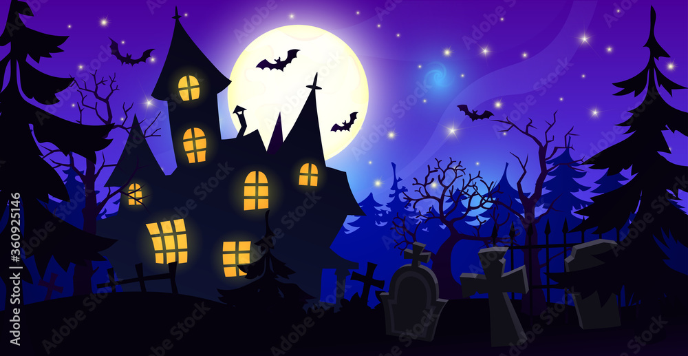 Halloween Old creepy mansion and cemetery with graves on the background of a large moon and starry sky. Vector illustration. 