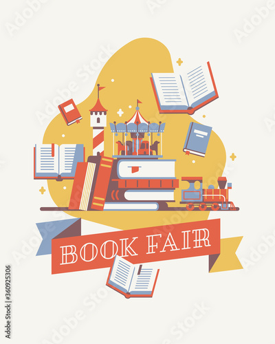 Book fair poster, flyer or banner template in soft limited color scheme. Easy to recolor. Kids books and literature concept vector illustration with pile of books, carousel, fairy castle tower, train