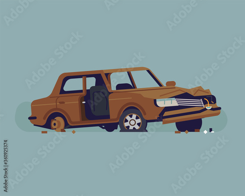 Cool vector flat style illustration on abandoned rusty old car wreckage with torn out door, dented hood, no windscreen and glass, no rear wheel