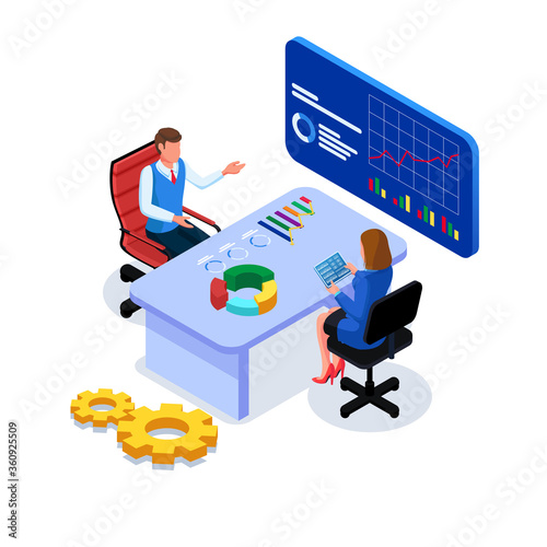 Business people do communication, business analysis at the workspace. Isometric business worker illustration concept. Group of people with chart, monitor, workspace.
