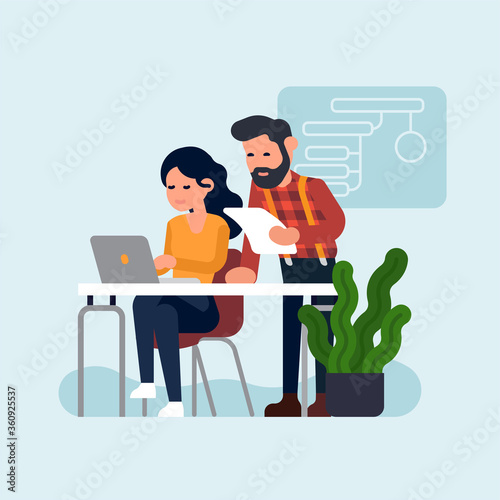 Cool vector concept illustration on business data and metrics analytics with two office workers parsing through documents together