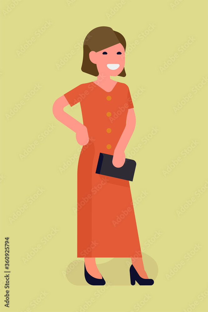 Cool vector illustration on fashionable woman character wearing red long dress and a black purse, isolated Cool vector illustration on fashionable woman character wearing red long dress and a black purse, isolated