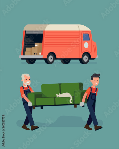 Cool vector flat style illustration on cheerful moving company workers carrying a couch with a sleeping cat with moving van and cardboard boxes on background