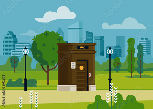 Flat style vector illustration on public toilet in city park. Automatic street restroom service concept
