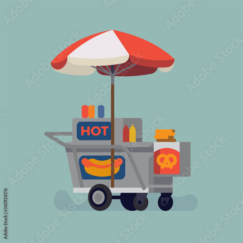 Cool vector flat style illustration on hot dog and pretzel stand, isolated. Street food cart concept