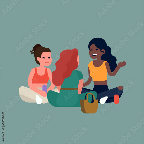 Best friends sitting around talking concept vector illustration, Flat style character design on three young women enjoying their relaxing time together listening to each other