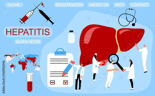 World hepatitis day 28th July hand drawn vector illustration.People in medical clothes taking care about human liver.Stop hepatitis website template.Doctors vaccinate and treat cartoon cirrhosis liver