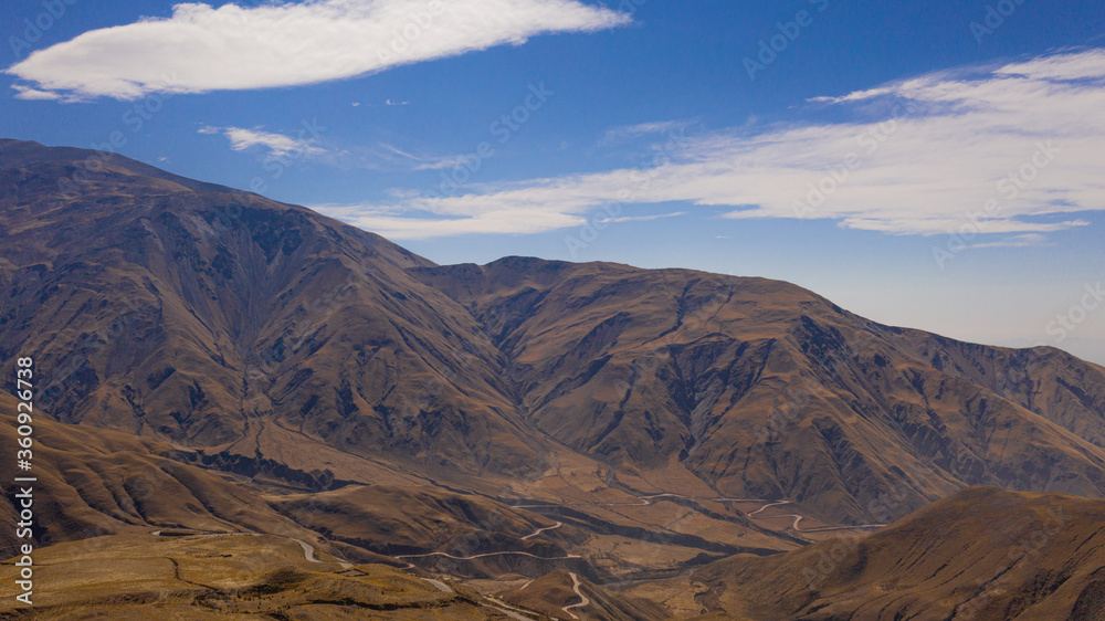 Aerial view of drones from Northern Argentina, mountains, valleys, routes and peaks.