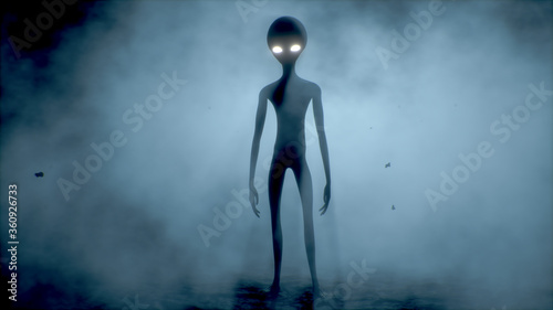 Valokuva Scary gray alien walks and looks blinking on a dark smoky background