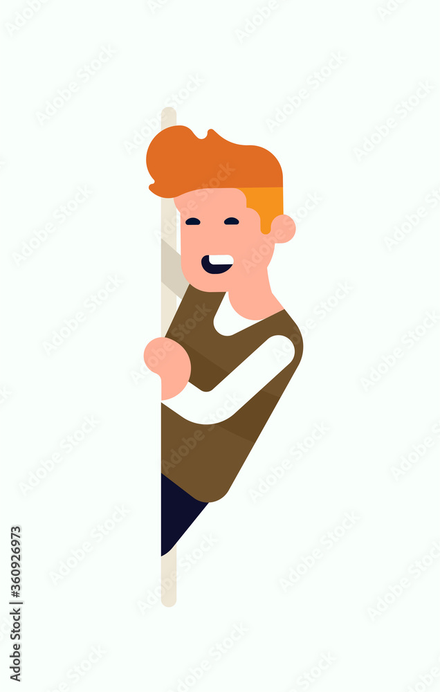 Flat style vector design element on man peeking from behind of white text frame, isolated