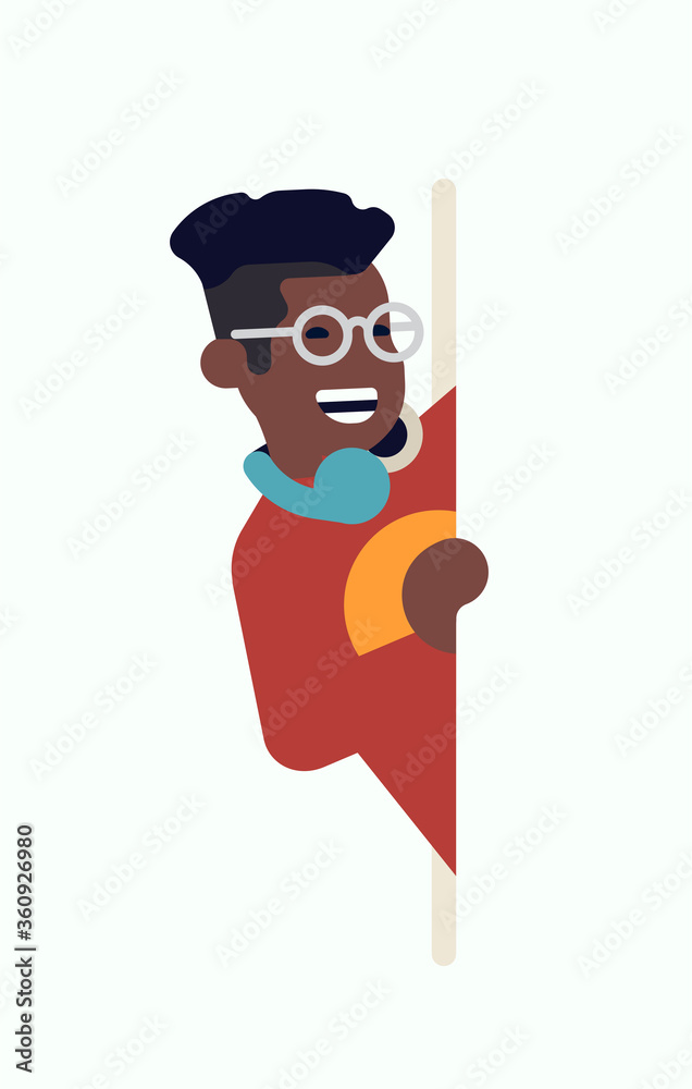 Black cheerful smiling man peeking out from behind of blank copy space holding the side of it. Cool vector concept illustration on message holding character in trendy flat style