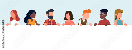 Diverse group of abstract people holding empty white horizontal banner, flat style vector concept on collective message