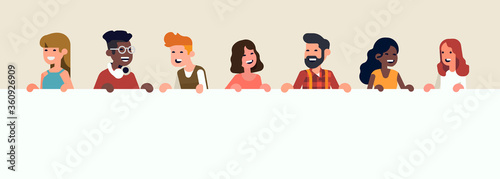 Flat style vector concept on collective message  with cheerful diverse group of abstract people line up holding empty white horizontal banner