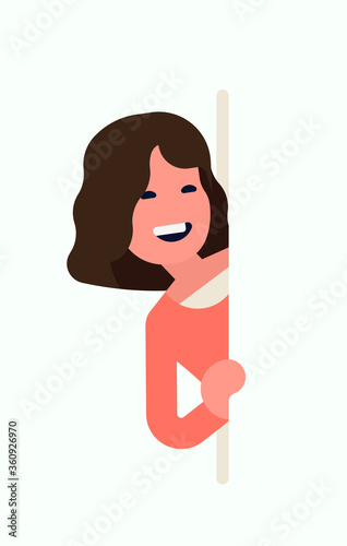 Cool vector flat style illustration on presentation character. Attractive young adult caucasian woman peeking from behind blank copy space holding the side of it