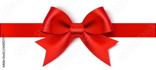 Decorative red bow with horizontal ribbon. Vector bow for page decor isolated on white