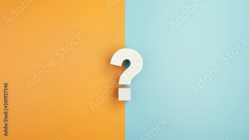 White question mark sign on yellow and blue Background, 3d render, minimal and copy space. photo