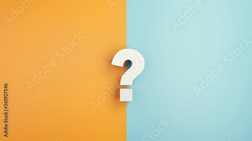 White question mark sign on yellow and blue Background, 3d render, minimal and copy space.