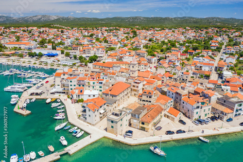 Croatia, Adriatic coastline, coastal town of Pirovac, waterfront view from drone 
