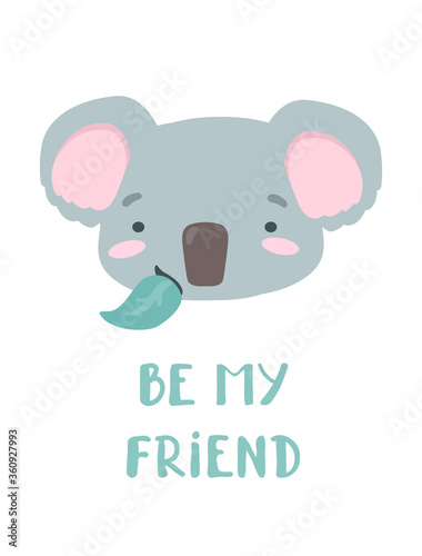 Vector illustration of cute cartoon baby koala chews a green leaf. .Valentine's Day Greeting Card. Lettering love you and pink hearts over a bear. Drawing for t-shirts. Poster for children and baby