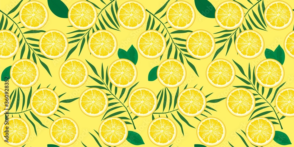Seamless pattern with slices of lemon and leaves of tropical plants. Background for the design of wallpaper, fabric and other. Vector illustration ready for print.