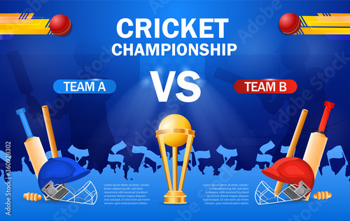 Cricket championship poster template with gold trophy, bats and gear for Team A versus Team B on a blue background, colored vector illustration