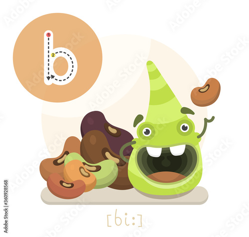 Learning the English alphabet. Funny cartoon character with beans and letter. The way to write a letter with transcription. Vector illustration