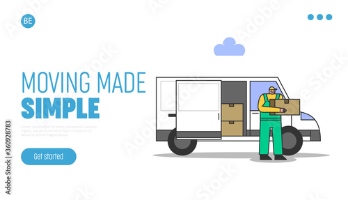 Relocation, delivery landing page. Worker of moving service unload cardboard boxes from car truck