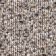 Lot of different multiracial people headshots portraits in square collage mosaic image. Many hundreds of diverse age and ethnicity people faces looking at camera collection. Social diversity concept.