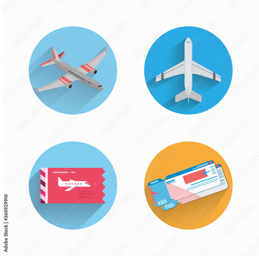 Naklejka premium plane, boarding pass, flying ticket, flat icon set with long shadow.