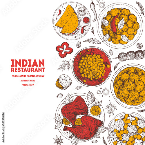 Indian food illustration. Hand drawn sketch. Indian cuisine. Doodle collection. Vector illustration. Menu background. Engraved style.