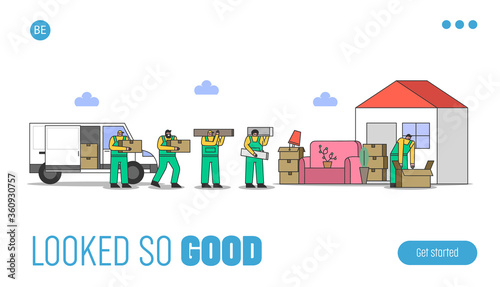 Moving house services landing page with loaders carrying home furniture in cardboard box