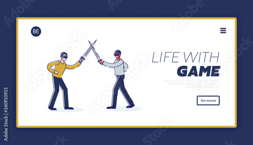 Vr landing page. Background for virtual reality games website with men in vr headset fight on swards