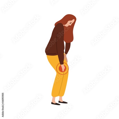 Sad female feeling pain in knee vector flat illustration. Upset woman having problem with legs suffering from ache isolated on white. Unhappy girl touching damaged feet with painful expression