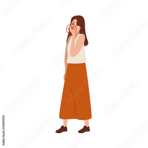 Sad woman touching mouth feeling toothache vector flat illustration. Sickness...