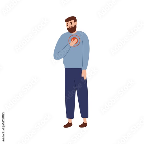 Upset man touching chest with painful expression vector flat illustration. Sad guy suffering from heart attack isolated on white. Unhappy male having pain symptoms and health disorder