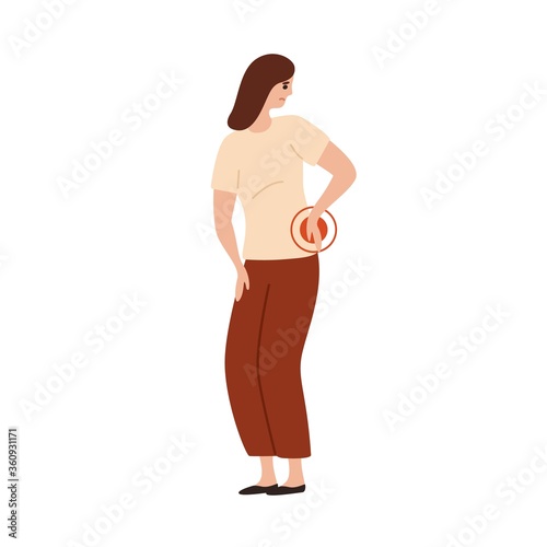 Unhappy woman touching lower back feeling pain vector flat illustration. Upset female suffer having injury or spine damage isolated on white. Illness girl bending forward have physical health problem