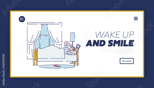 Morning waking up landing page with sleepy man in bed turning out alarm clock